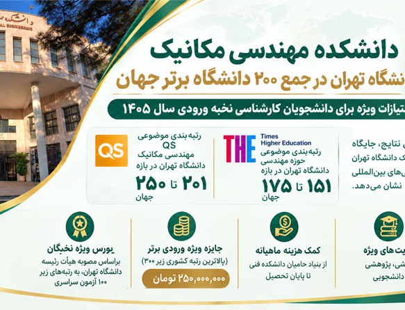 مهندسی مکانیک دانشکدگان فنی جمع ۲۰۰ دانشگاه برتر جهان / امتیازات ویژه برای دانشجویان کارشناسی نخبه ورودی سال ۱۴۰۵